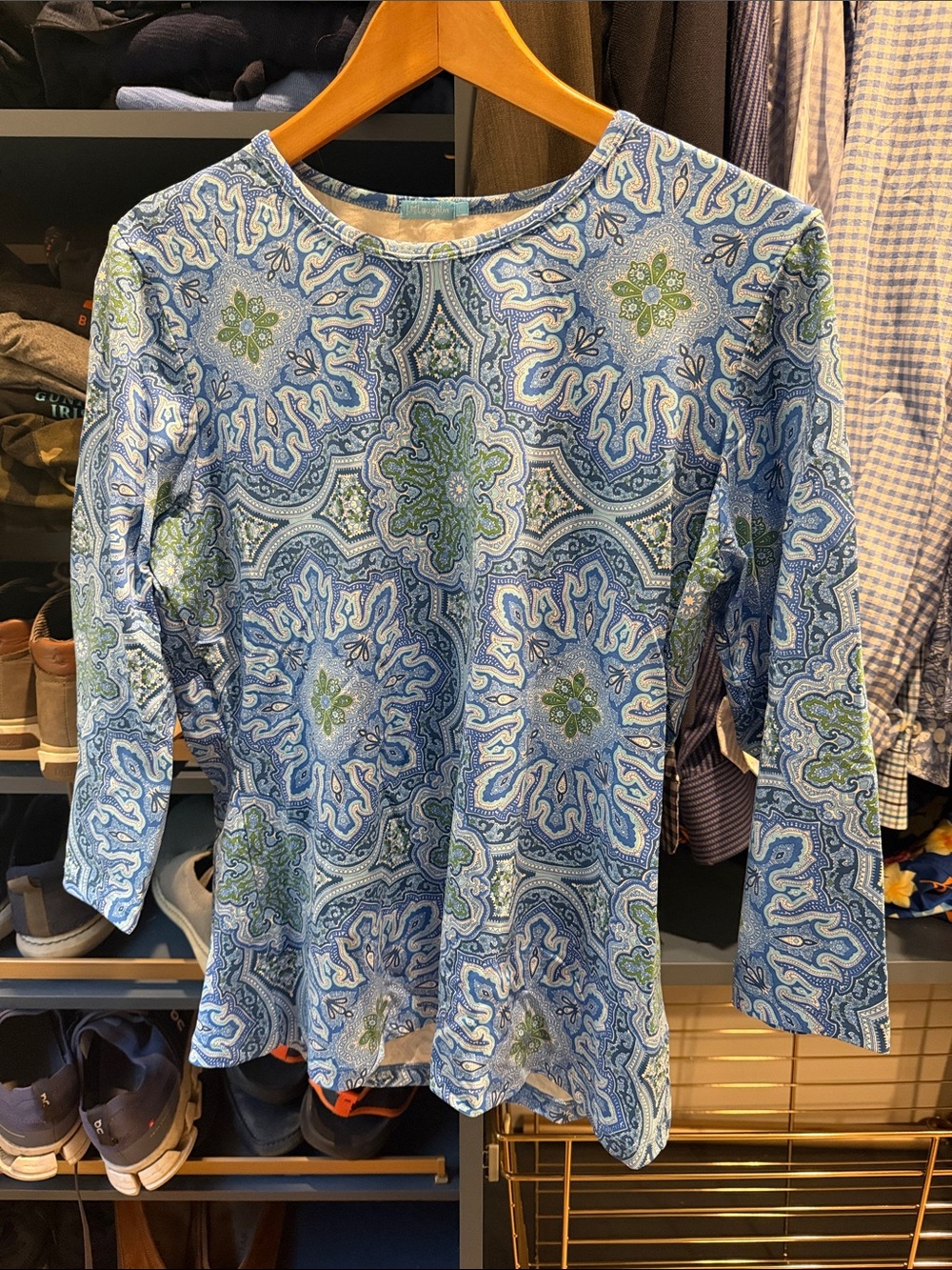 Blue Paisley-Print Long-Sleeve Tee with Green Accents